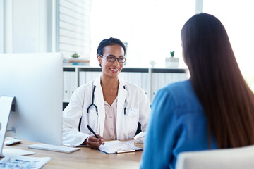Hospital, documents and doctor with woman for consulting, medical service and diagnosis in clinic....