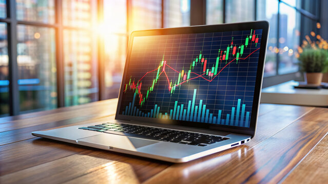 Modern laptop screen displays a vivid financial statistic graph, showcasing a dynamic stock market chart with rising sales and trading currency values in real-time.