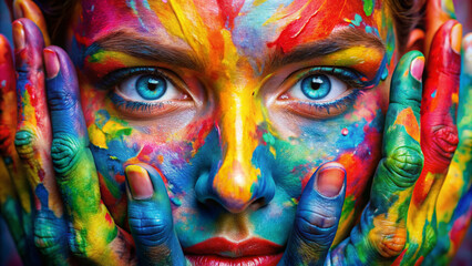 Obraz premium Vibrant multicolored paint covers the face, framed by smeared hands, with striking blue eyes as the focal point, creating a mesmerizing and playful artistic expression.