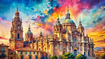 Obraz premium Vibrant watercolor depiction of iconic Spanish cathedral with intricate architecture and kaleidoscope of colors against a soft, serene background.
