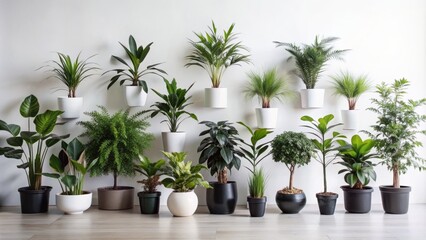 Obraz premium Sleek white backdrop showcases array of varying black potted plants in natural state, exuding calmness and serene beauty.