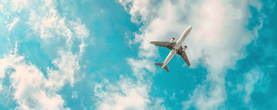 photo of a white airplane flying in the blue sky with clouds, banner for a web design or travel company, wide format, copy space concept, high resolution