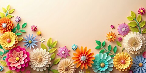 Fototapeta premium Colorful paper-cut style flowers on cream background, paper-cut, colorful, flowers, cream background, vibrant, artistic