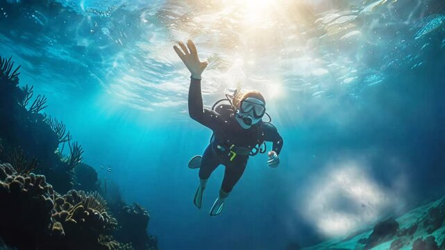 A person wearing a diving suit swimming underwater, In the background smooth looping with 4K video animation 