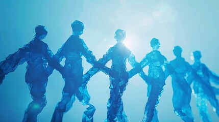 Fototapeta premium Celebrating connection: visually striking banner with interconnected figures in blue hues, representing unity and diversity.