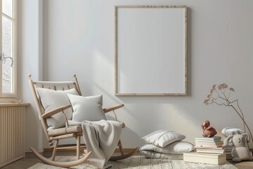 Cozy Children's Reading Nook with Rocking Chair, Rug, and Picture Books. Tranquil Mockup Frame - Ideal for Relaxation and Storytime