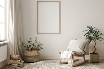 Naklejka premium Serene Children's Reading Nook with Rocking Chair, Picture Books, and Mockup Frame on Wall