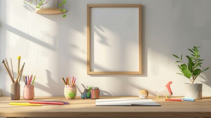 Creative Kids' Desk Setup with Art Supplies and Mockup Frame on Wooden Surface
