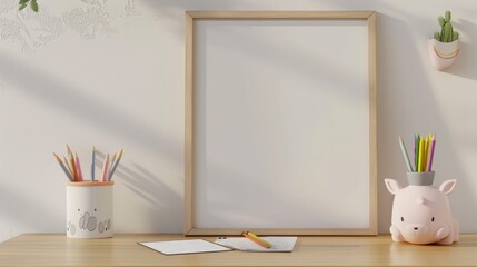 Whimsical Kids' Desk Setup with Drawing Supplies, Notepad, and Mockup Frame for Art Display