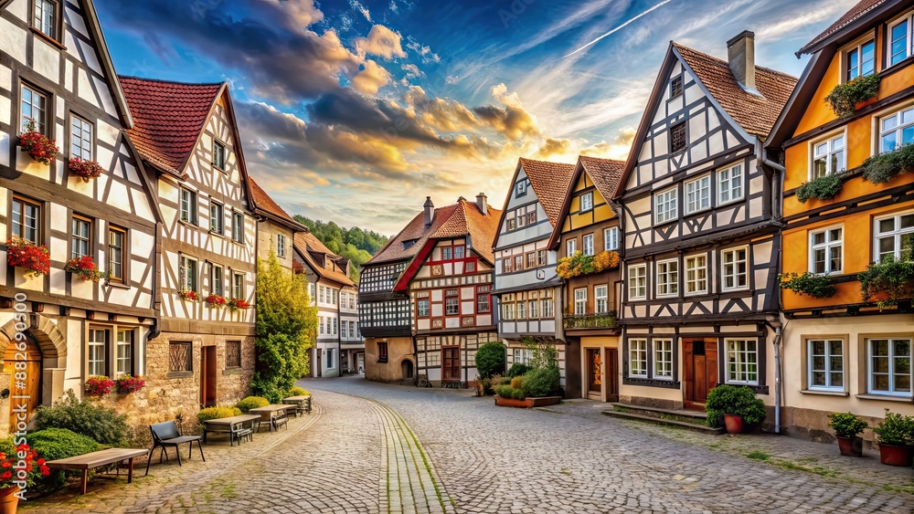 Poster Picturesque medieval town in Germany with well-preserved half-timbered houses and cobblestone streets, Rothenburg