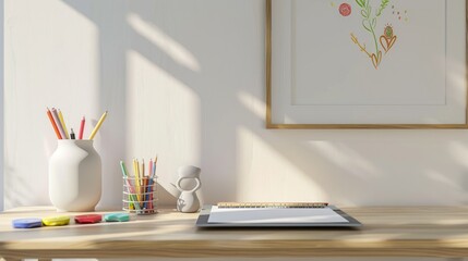 Creative Kids' Desk Setup with Drawing Supplies and Mockup Frame for Art Display