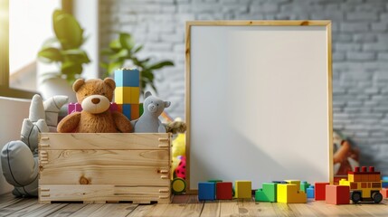 Imaginative Toy Chest with Colorful Blocks and Stuffed Animals, Poster Mockup in Playful Setting