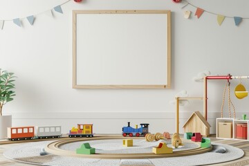 Creative Play Area with Wooden Train Set and Blank Canvas Mockup in Children's Room
