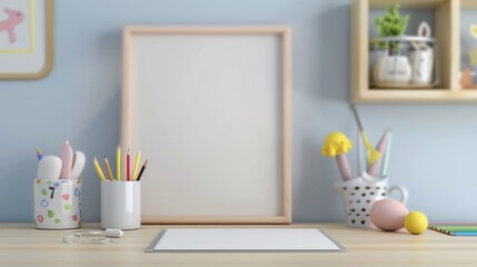 Creative Kids Desk Setup with Drawing Supplies, Notepad, and Mockup Frame for Displaying Artwork