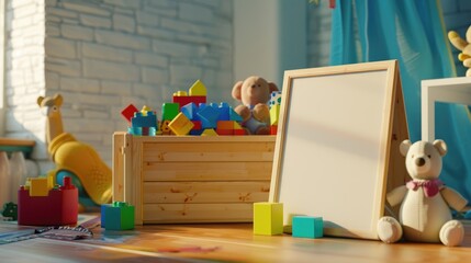 Colorful Toys and Blocks in Wooden Chest with Blank Poster Mockup - Playful Kids Room Scene