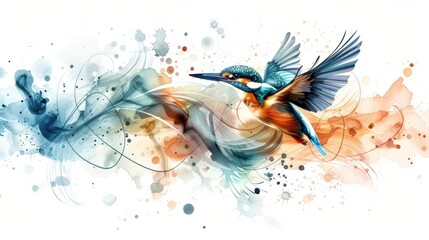Obraz premium Vibrant watercolor painting of a kingfisher in flight with abstract splashes of color, capturing the beauty and movement of nature.