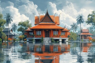 Obraz premium Traditional Thai house designed for monsoon weather.