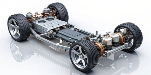of exploded view of electric vehicle motor on chassis, Electric vehicle, motor, chassis, exploded view