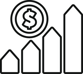 Line graph is increasing showing growing profit with dollar coin above