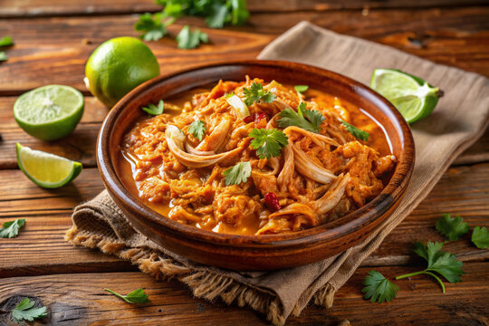 Savory shredded chicken tinga in a vibrant orange-hued sauce, served in a rustic ceramic bowl on a distressed wooden table with ample copy space.