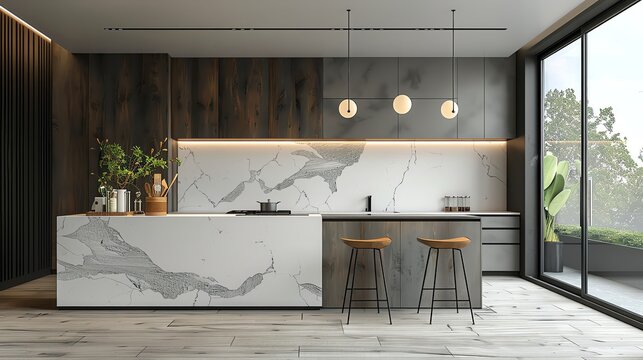 Zeninspired kitchen with minimalist decor, a calming color palette, and natural stone elements, Zen, Illustration