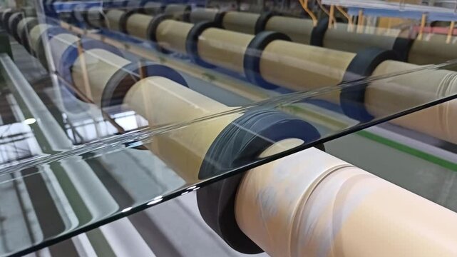 Glass conveyor line. The float glass production plant. Polished glass production. Special industrial equipment with conveyor belt in the factory. Heavy sheet glass.