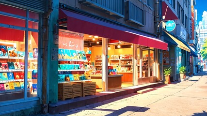 vibrant bright front of a toy shop anime background
