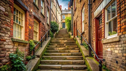 Fototapeta premium Old, vintage street stairs between old houses, vintage, tiny, alleyway, historic, architecture, urban, stairs, steps, cobblestone
