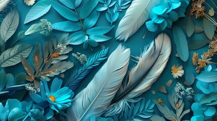 A digital collage of azure-colored natural elements like feathers, leaves, and flowers, arranged in a harmonious composition.