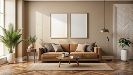 Fototapeta premium Modern living room with beige walls, wooden floor, brown sofa, and mockup poster frame
