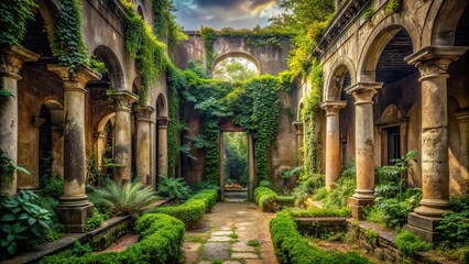 Mysterious courtyard with ancient ruins peeking through overgrown greenery, mysterious, courtyard, ancient, ruins, overgrown