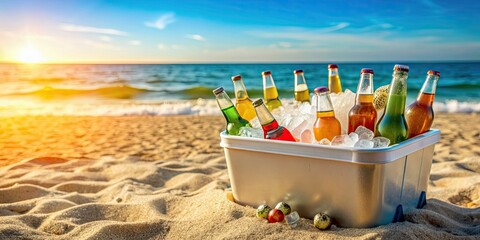 Ice-filled cooler with an assortment of drinks on a sandy beach during a summer bash, beach, cooler, ice, drinks