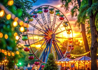 Fototapeta premium Colorful ferris wheel and festive decorations in a vibrant city park during summer festival, warm bokeh lights and lush green trees at sunset background.