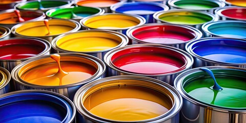 Fototapeta premium Paint buckets being filled with primary colors , paint, buckets, filled, primary, colors, red, blue, yellow, vibrant