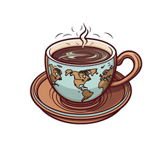 An illustration of a cup of tea with black liquid and a globe-style design