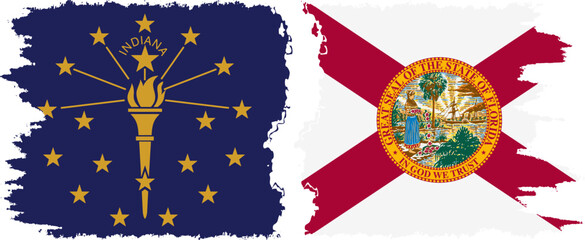 Florida and Indiana states grunge brush flags connection vector
