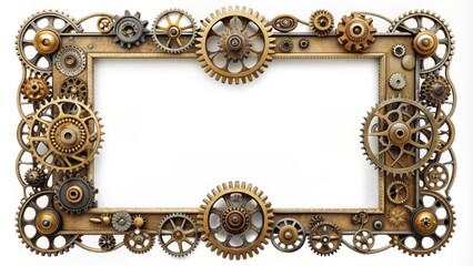 Intricately ornamented rectangular frame in steampunk style set against a pristine white background, adorned with gears, clockwork elements, rivets, and dials.