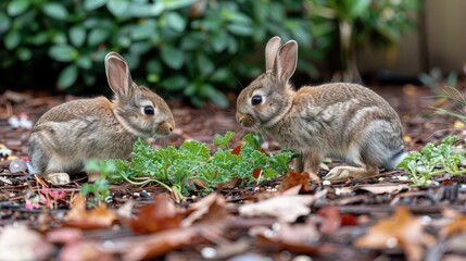 Fototapeta premium Rabbits nibbling on carrots and greens
