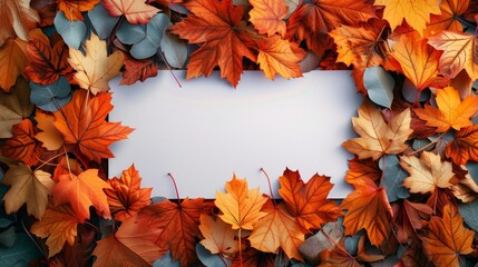 Autumn Leaves Frame Around Blank White Banner for Fall Season