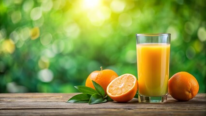 Obraz premium Freshly squeezed orange juice in a delicate transparent glass on a vibrant green background with ample copy space right.