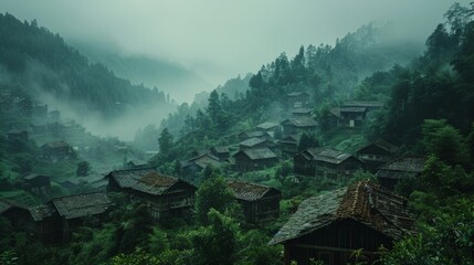 A cinematic shot of an ancient village in the mountains, overcast sky, ancient wooden houses with shingles on their roofs, lush greenery around and a few trees