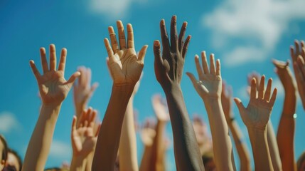 Hands of people from various nationalities raised above the sky, symbolizing equality. their right to express themselves freely and be heard.concept of democracy, agreement, and expressing opinions.