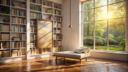 Serene library nook with empty canvas suspended above, bathed in warm white sunlight, exuding tranquility and creative stimulation.