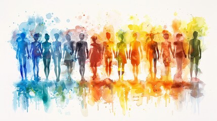 Obraz premium Human diversity in watercolor: colorful figures symbolizing unity and diversity, ideal for inclusive and community-themed designs.