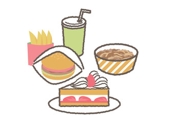 ファーストフードやケーキなど体に悪い食べ物のイラストセット