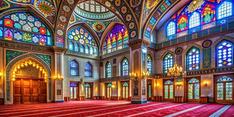 Obraz premium Ornate mosque interior with colorful stained glass windows , Islamic, architecture, prayer, religion, faith, worship, spiritual