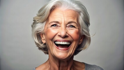 Vibrant elderly woman with gray hair, healthy face, and white teeth, laughing and smiling, isolated on a neutral background.