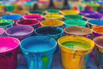 Assorted Colorful Paint Cups in Art Studio 