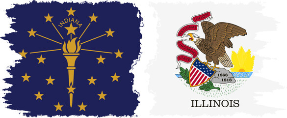 Illinois and Indiana states grunge brush flags connection vector