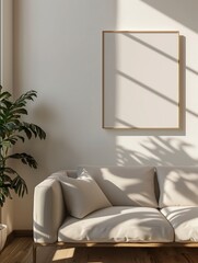 Minimalist living room with a cozy beige sofa, a large blank picture frame, and natural shadows on the wall.